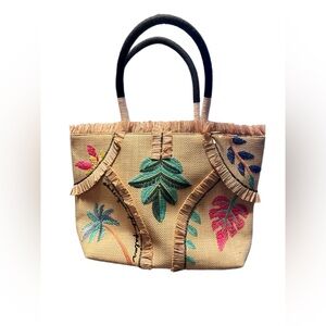 stella & dot “shake your palm palms” embroidered straw tote bag